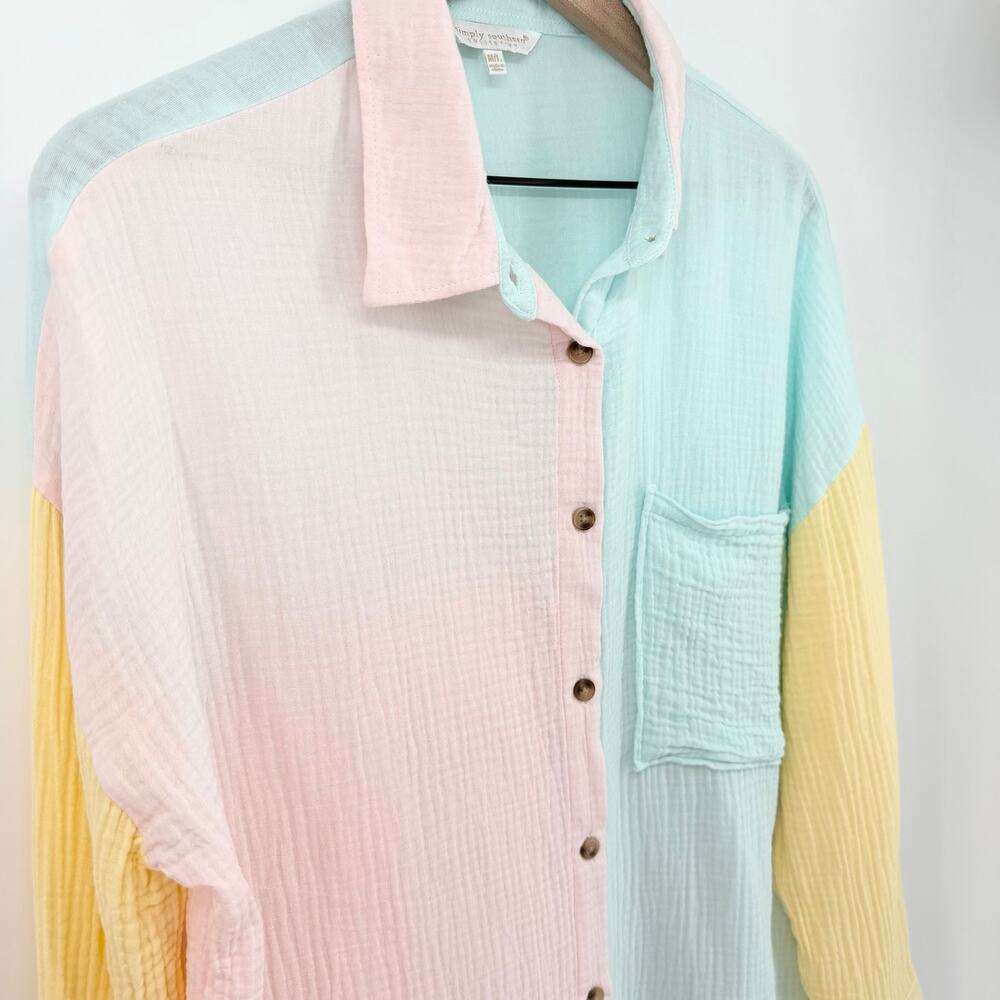 Simply Southern Pastel Colorblock Button Down Shirt 100% Cotton Size M/L Preppy - Picture 6 of 13